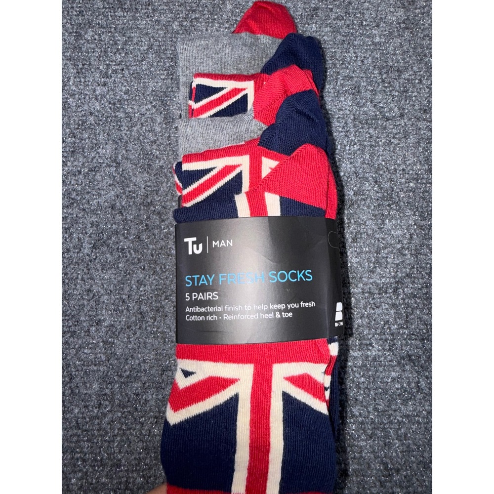 Tu Man Stay Fresh Socks 5 Pairs Union Jack Flag British Theme Cotton Size 9-12